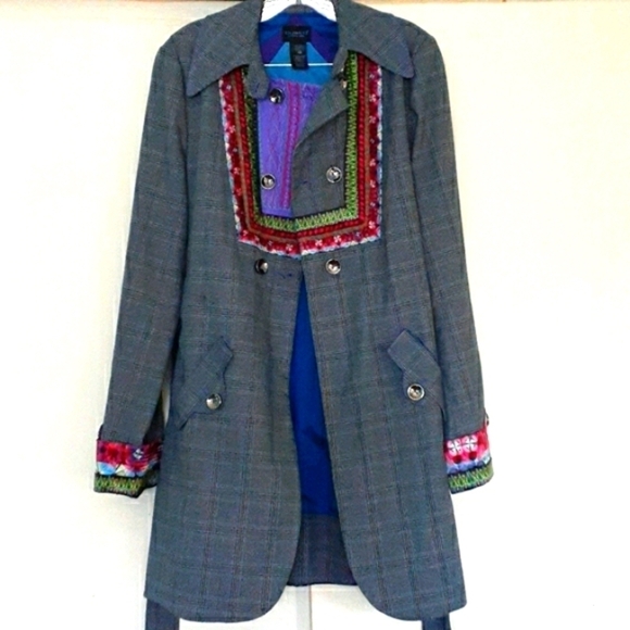 Custo Barcelona Vintage Plaid Double Breasted Belted Coat Embroidered Size 10 - Picture 4 of 16